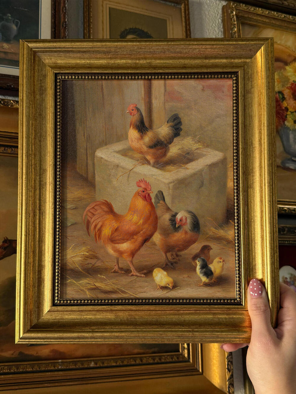 Vintage Style Farm Family Rooster, Hen & Chicks Art Print Framed Size 8x10